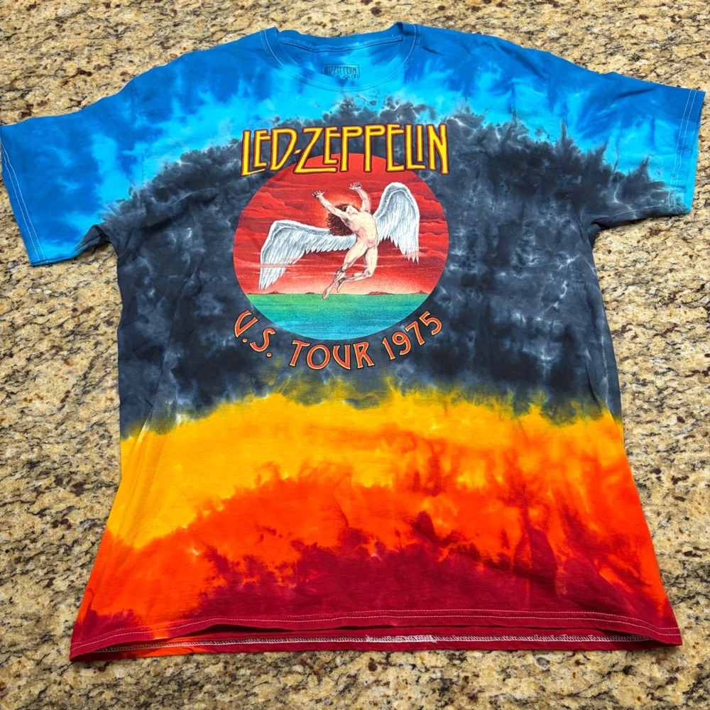 Led Zeppelin US Tour 1975 Tie Dye Graphic T-Shirt Mens XL Blue Orange Red ws